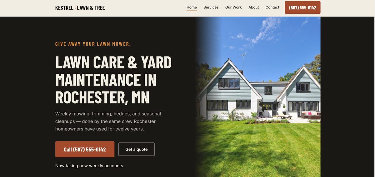 Homepage of the Kestrel Lawn and Tree Co. demo site, showing a large photo of a mown lawn, the headline Lawn Care and Yard Maintenance in Rochester MN, and a red tap-to-call button.